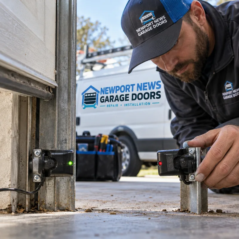 Garage door photo-eye safety sensors with one sensor slightly misaligned