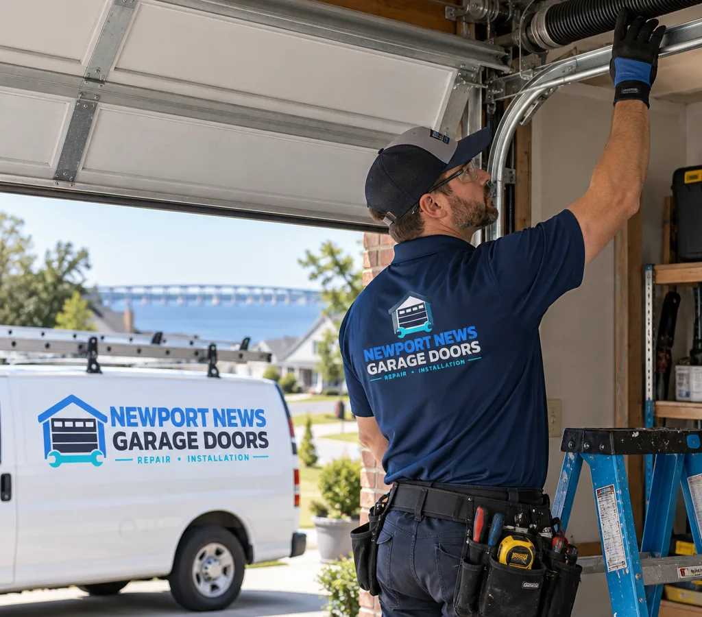 Contractor inspecting the spring and track of a partially open residential sectional garage door