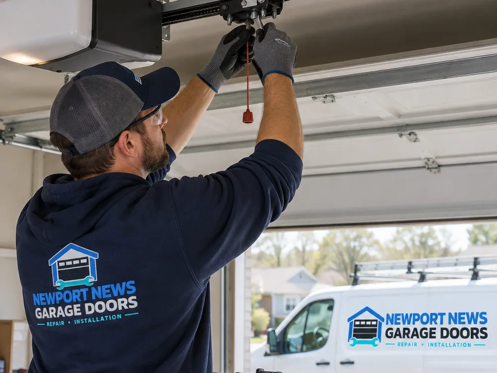 Garage door opener rail and trolley assembly above a halfway-open door