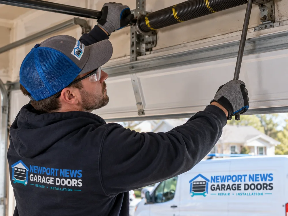 Technician adjusting residential garage door torsion spring hardware with winding bars