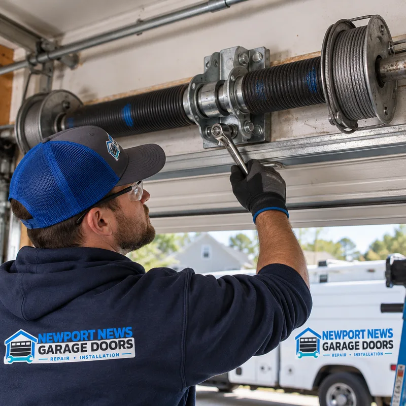 Torsion spring assembly with center bearing plate and cable drums mounted above a garage door