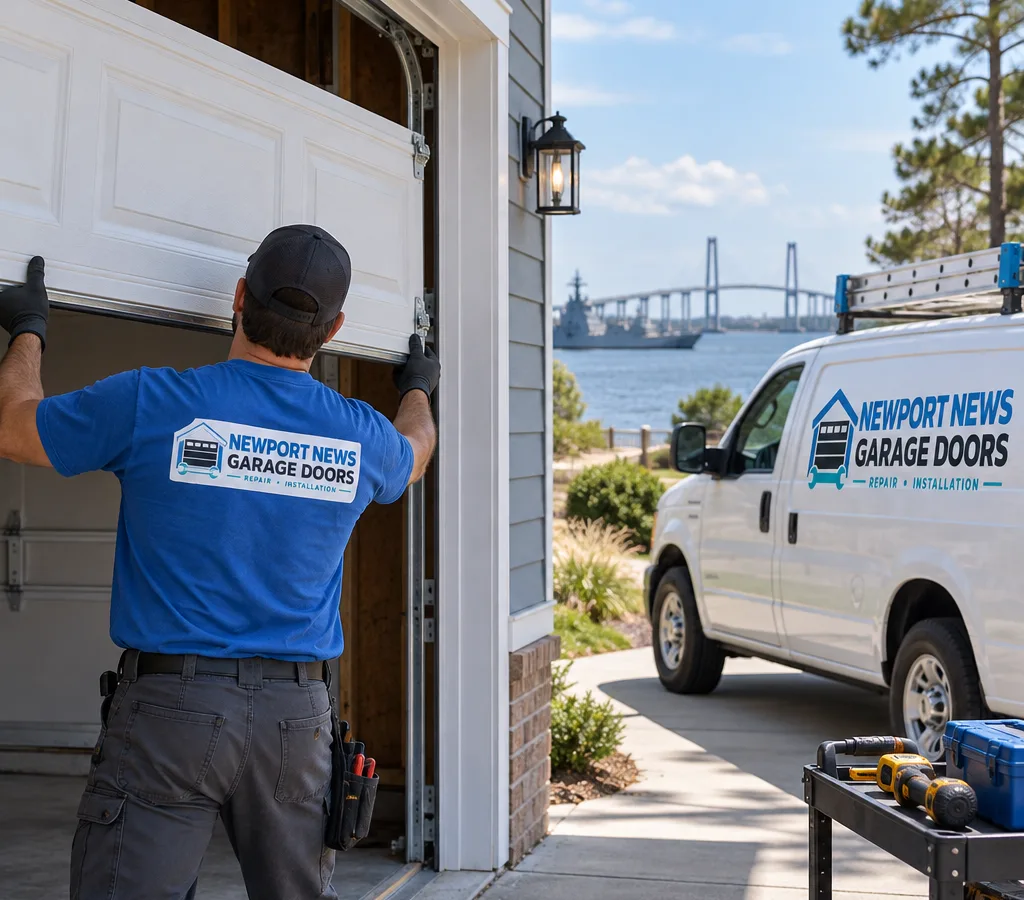 Residential overhead garage door being positioned in a coastal Virginia home garage opening