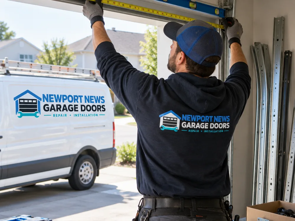 Installer measuring a garage door opening and headroom with tracks and installation hardware nearby