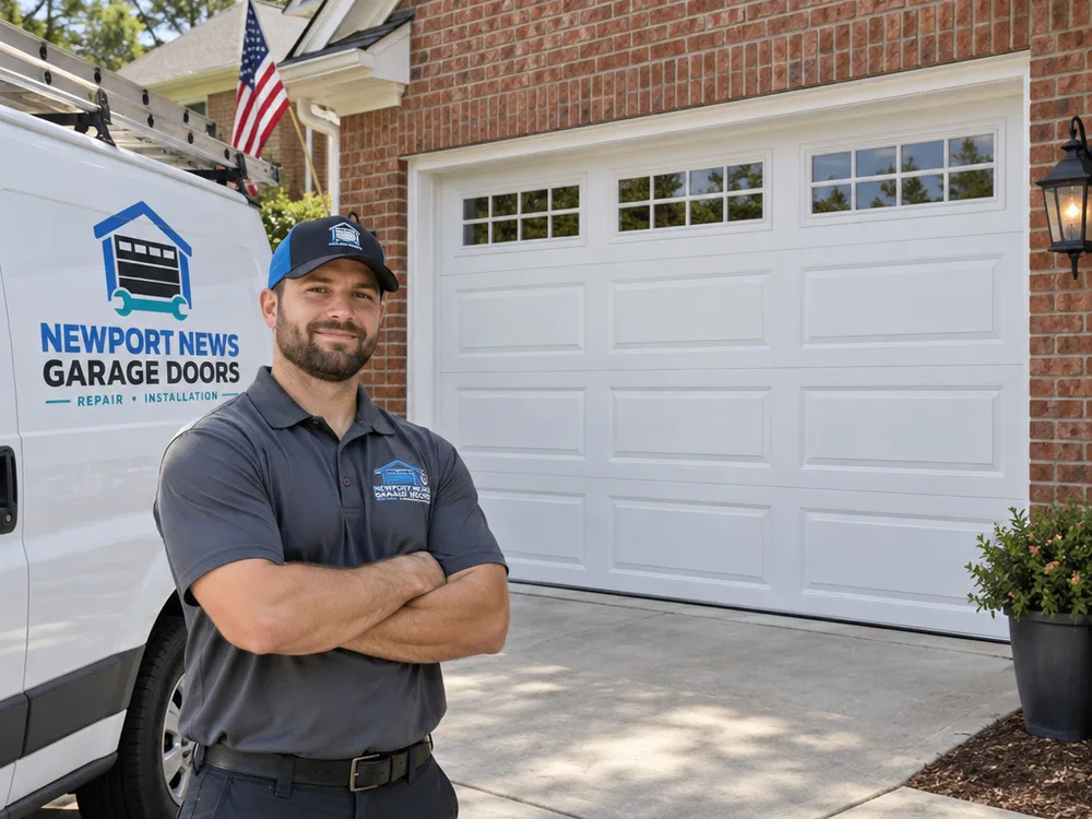 Traditional raised-panel garage door with top-row windows on a brick-front home