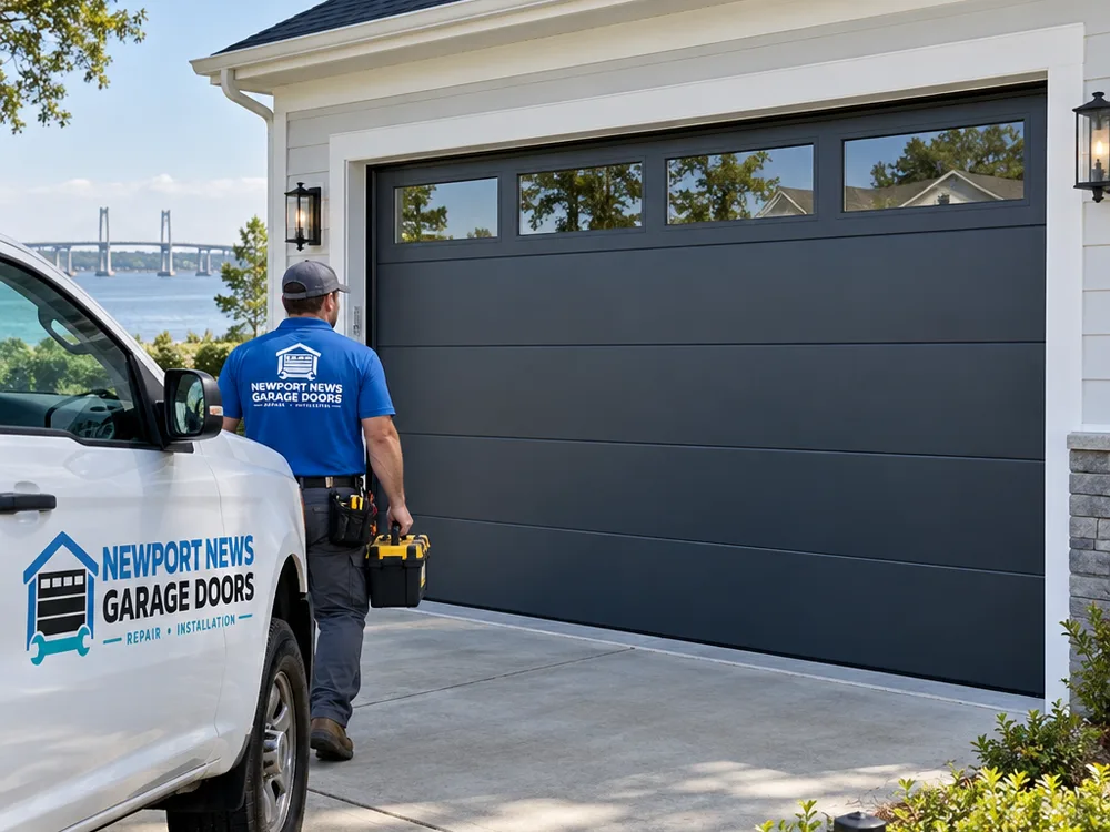 Finished modern steel sectional garage door with clean horizontal lines on a two-car garage