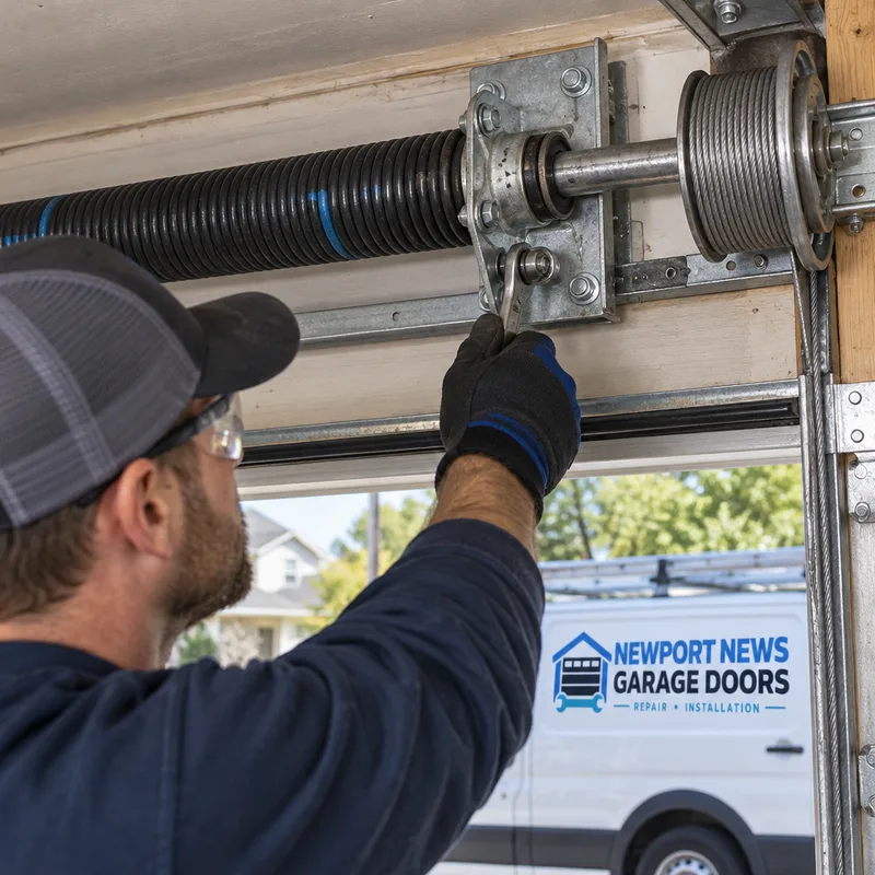 Torsion spring, center bearing plate, and aligned cable drums above a garage door