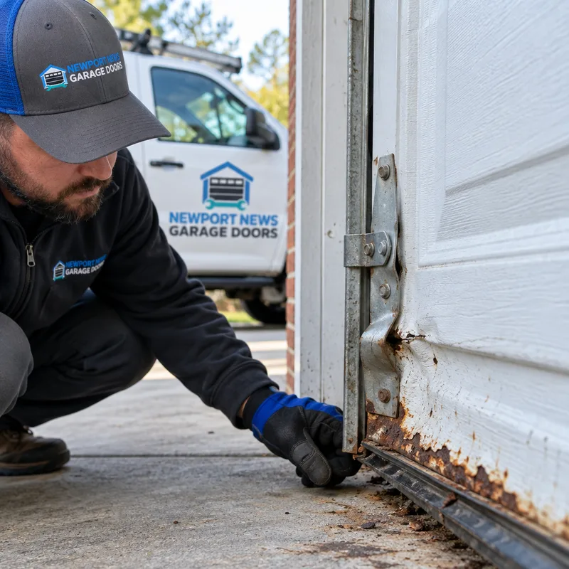Damaged lower garage door section with rust and a bent hinge area