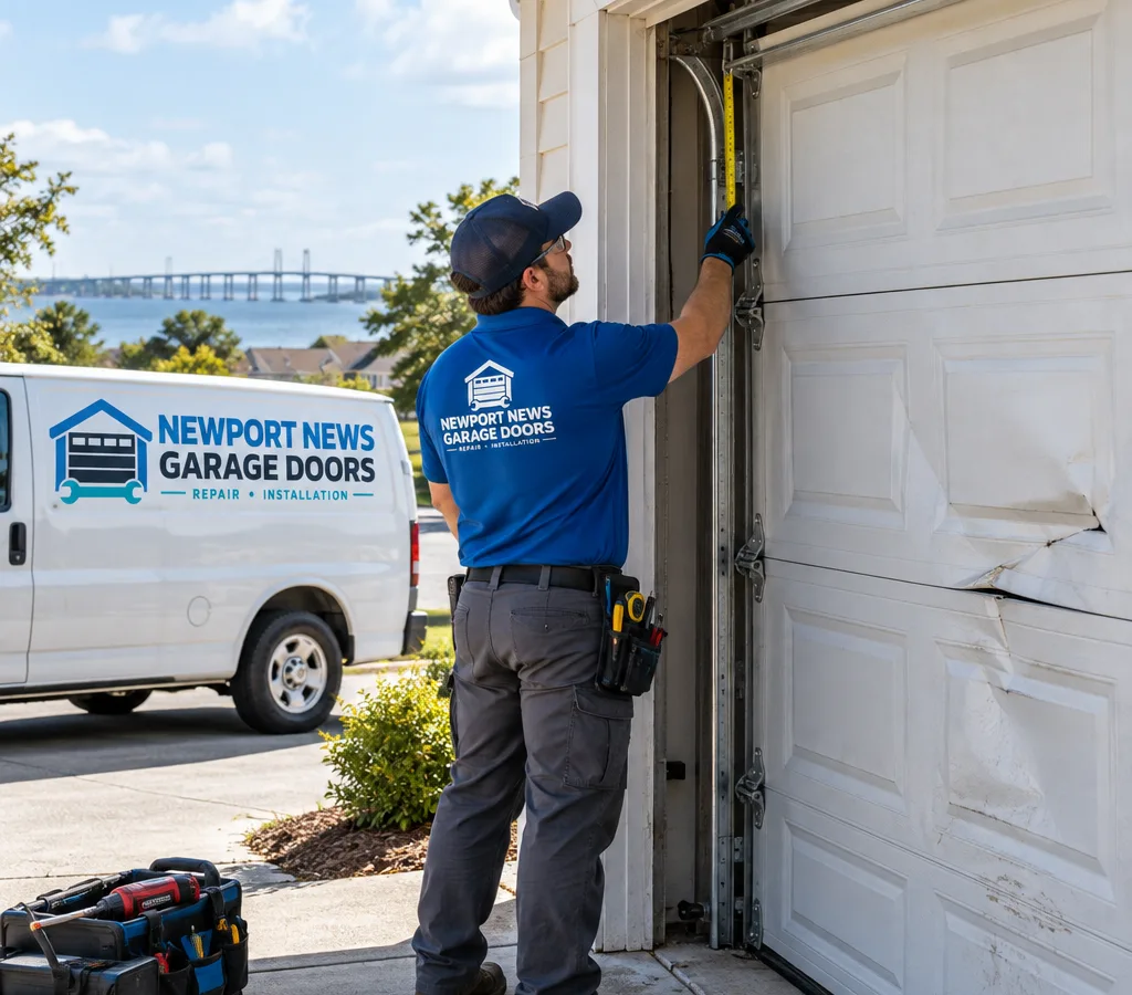 Damaged residential garage door being measured while its tracks are inspected