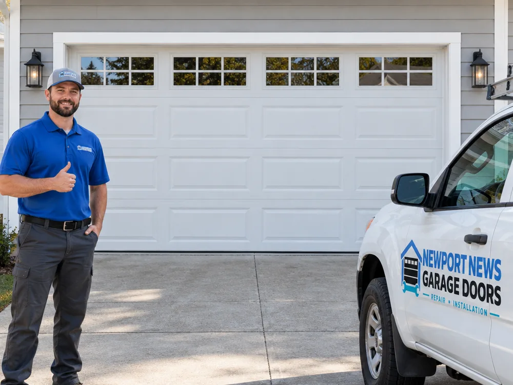 Finished residential garage door with aligned panels and a bottom weather seal