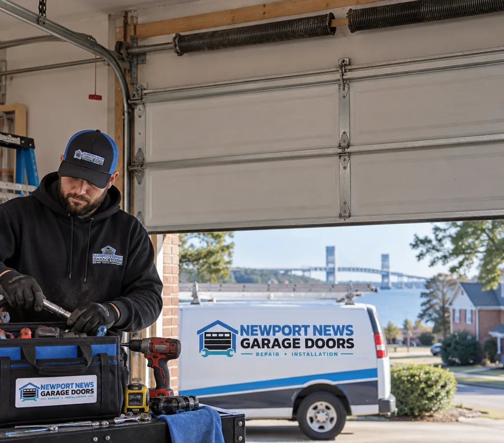 Residential garage door with a broken torsion spring above the closed door while repair tools are prepared nearby