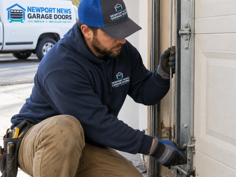 Contractor inspecting garage door lift cables and the bottom bracket connection on both sides of the door