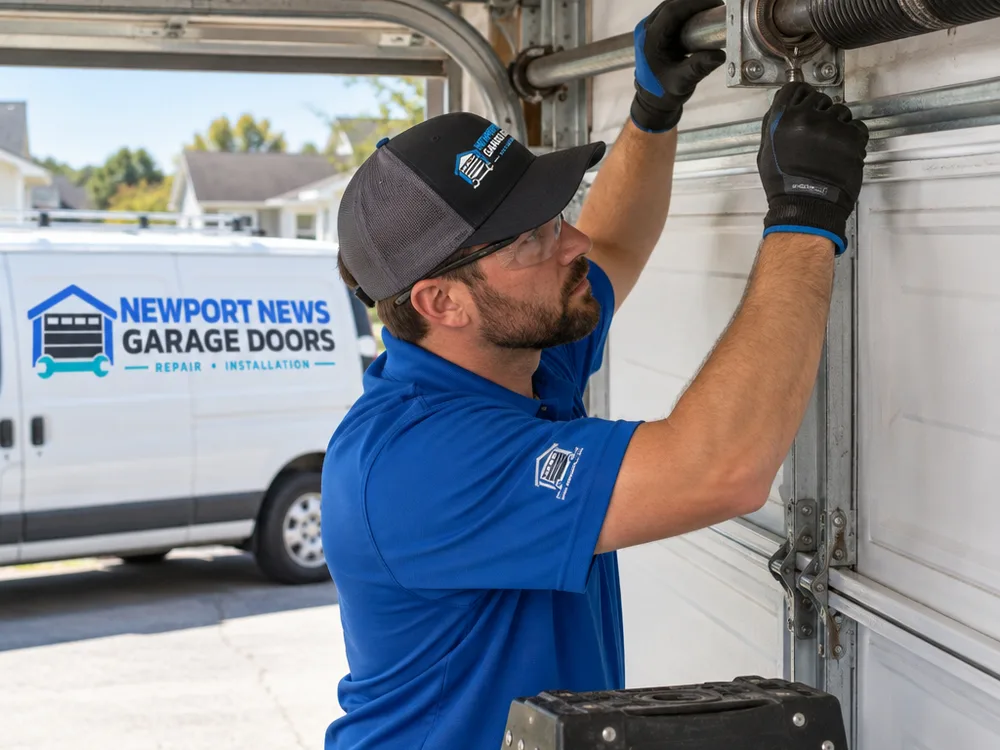 Contractor inspecting a broken torsion spring, center bearing and winding cones above a residential garage door