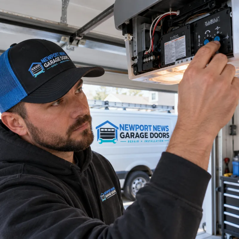 Contractor adjusting garage door opener travel-limit settings with the motor-head cover removed