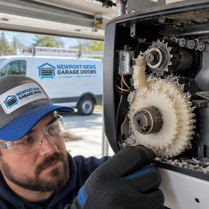 Garage door opener drive gear and sprocket assembly with worn plastic shavings inside the motor housing