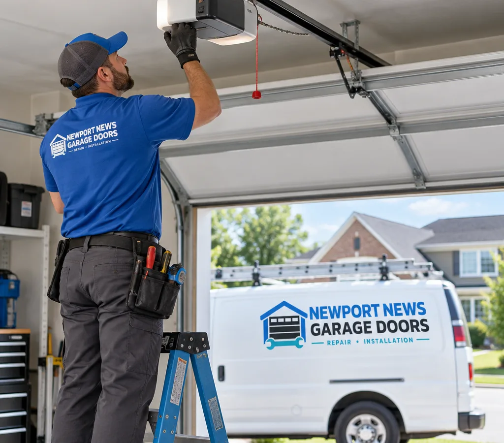 Contractor standing on a ladder inspecting a ceiling-mounted garage door opener and rail above a residential garage door