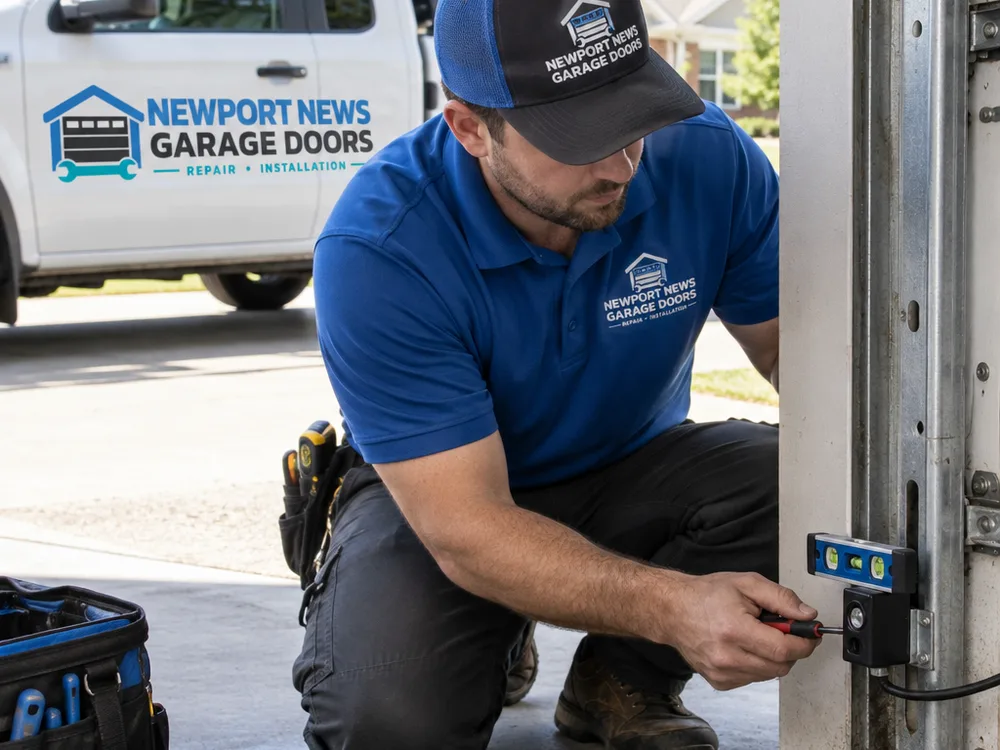 Contractor checking garage door photo-eye safety sensors with a small level and hand tools
