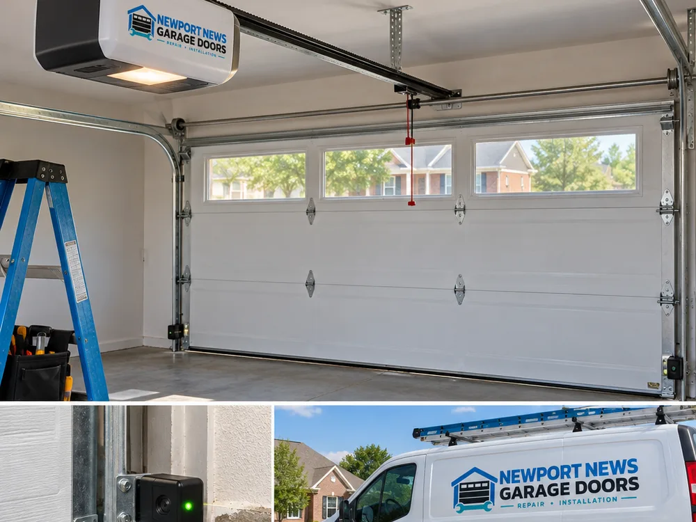 New belt-drive garage door opener with straight rail alignment, tidy ceiling mounting, and aligned safety sensors