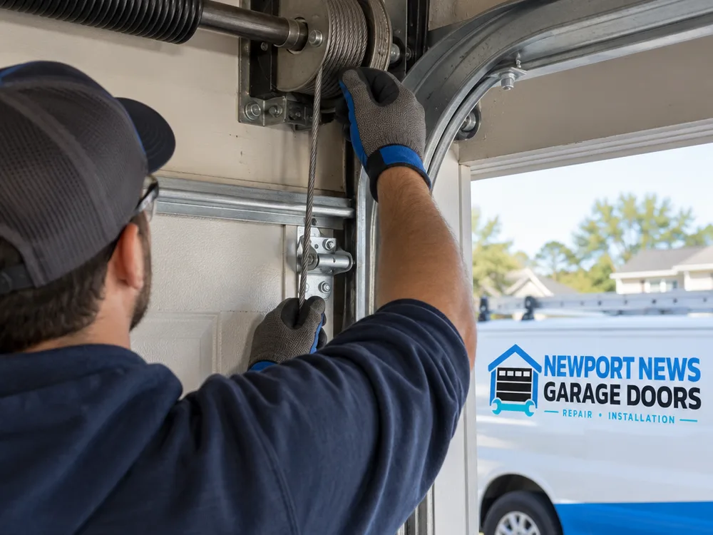 Lift cable being inspected where it seats on the drum above a garage door