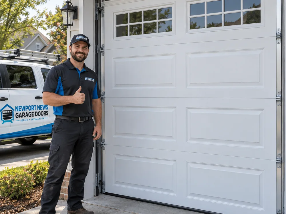 Residential garage door closed level after repair with straight tracks visible inside the jambs