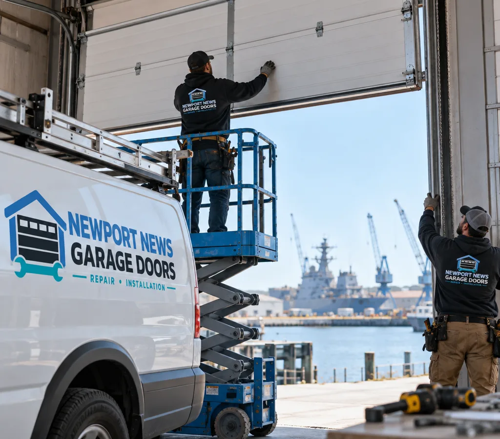 Commercial bay opening with an overhead sectional door being positioned for installation