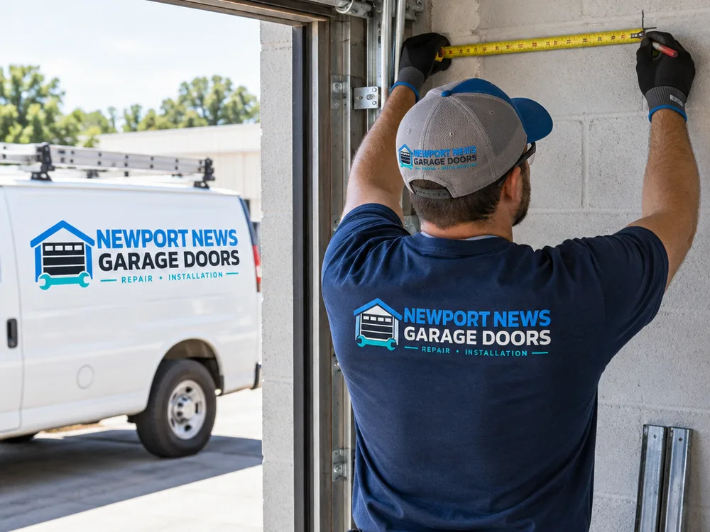 Contractor measuring headroom and side room at a commercial door opening