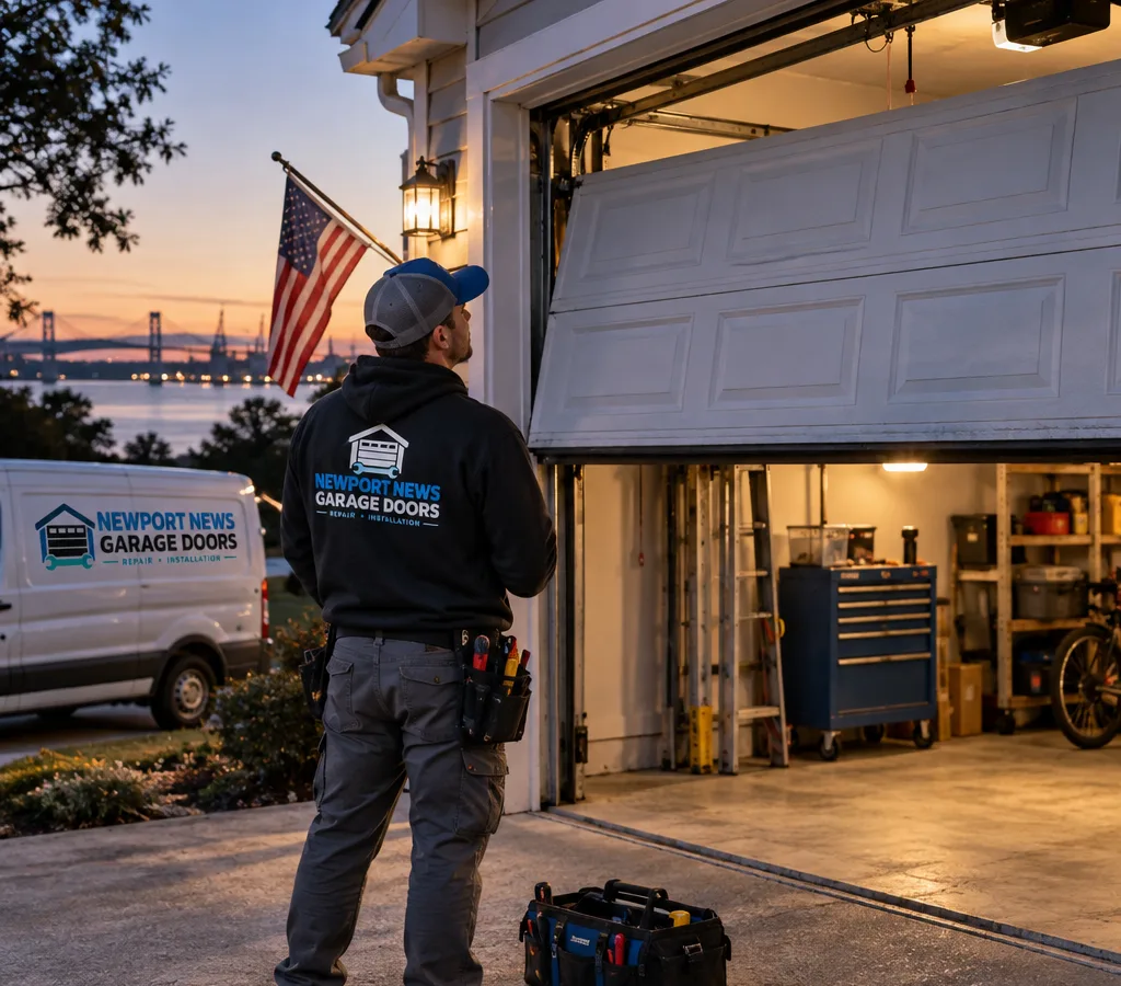 Residential garage door partially open at dusk with interior light visible