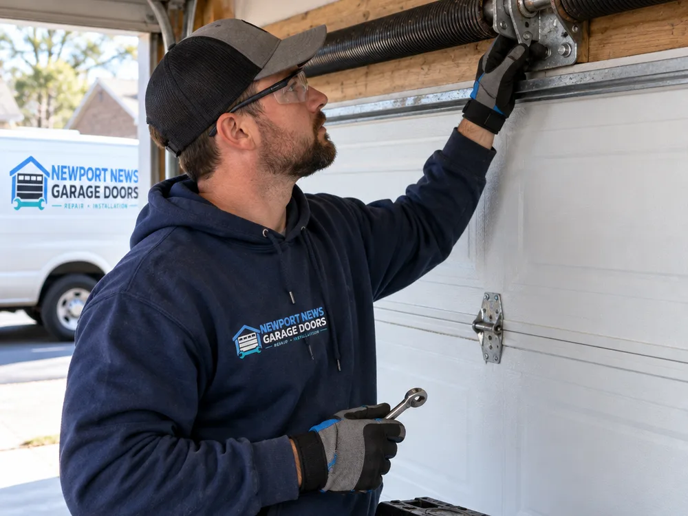 Contractor inspecting a garage door torsion spring and center bearing plate