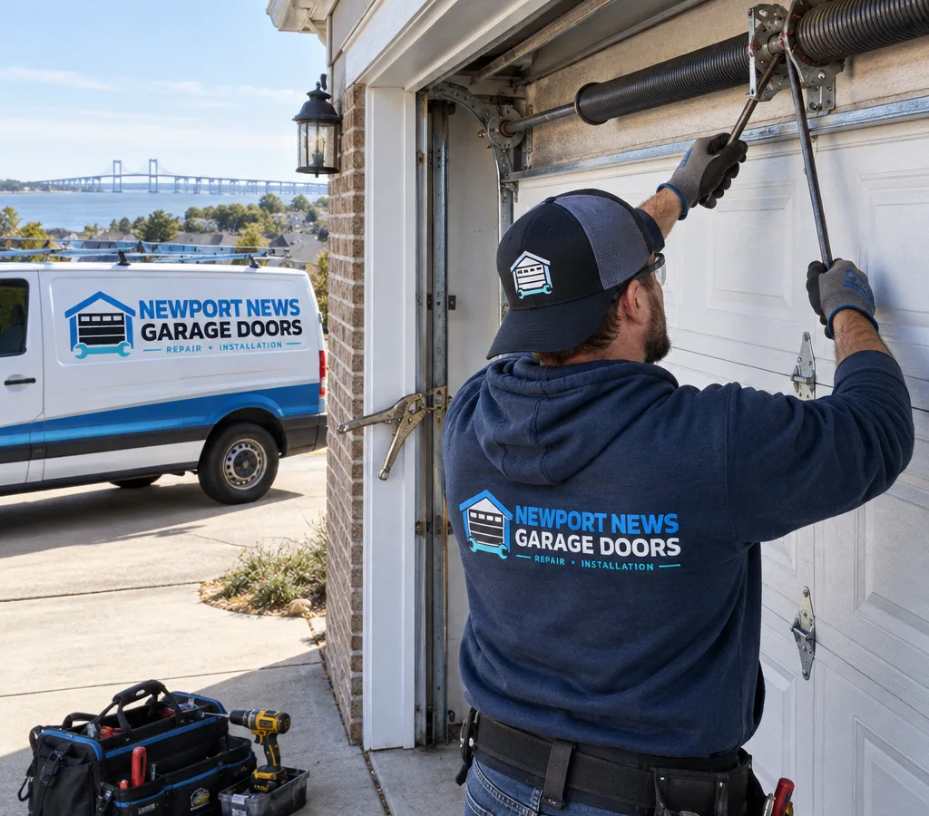 Contractor safely working on a sectional garage door torsion spring system using winding bars and clamps