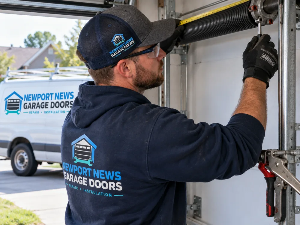 Contractor measuring a torsion spring and checking winding cone set screws on a clamped residential garage door