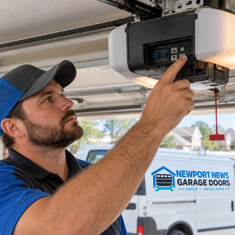 Contractor adjusting garage door opener travel limits and force settings at the opener head unit