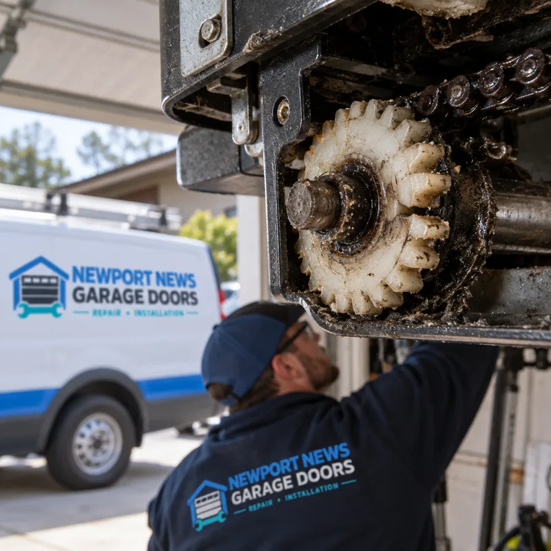 Worn garage door opener drive gear and sprocket assembly with grease and debris