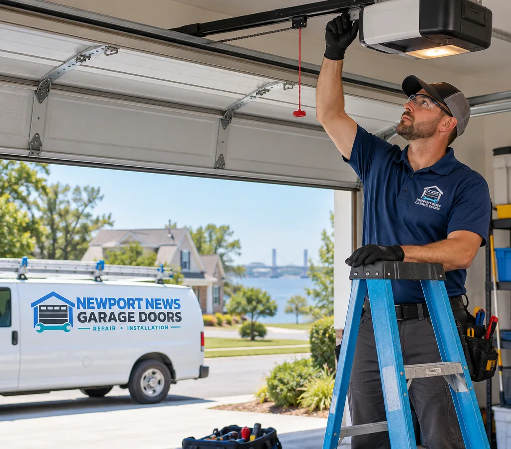 Contractor inspecting the opener and rail assembly above a partly open residential garage door