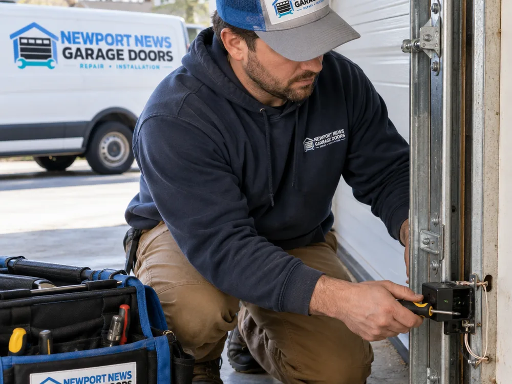 Contractor checking garage door opener safety sensors and wiring near the bottom of the track