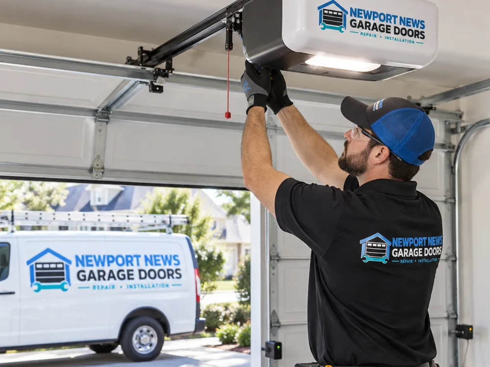 Cleanly mounted new garage door opener with supported rail, tidy wiring, and aligned safety sensors