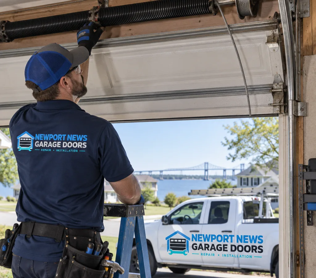 Residential garage door partially open with visible lift cables and torsion spring assembly above the door, showing a cable off the drum