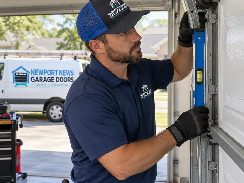 Contractor checking door level and track spacing with the door secured, focusing on roller and track alignment