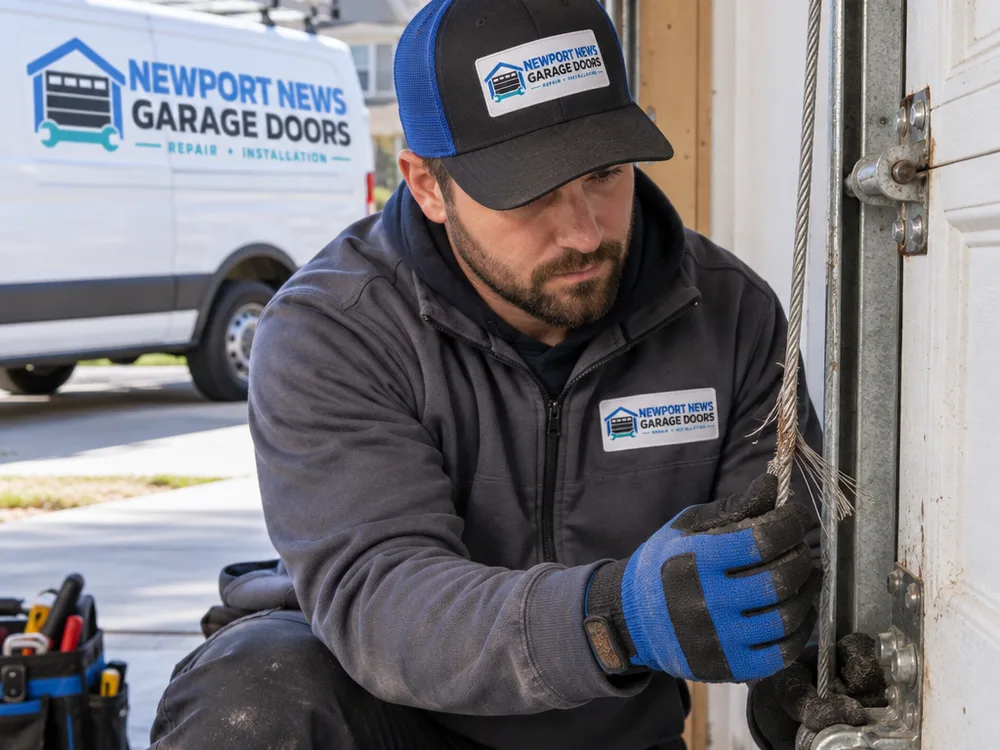Contractor wearing gloves inspecting a frayed garage door lift cable near the bottom bracket while the door is secured in place
