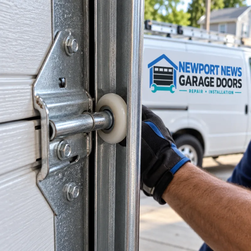 Nylon garage door roller seated correctly in a clean track with proper hinge spacing