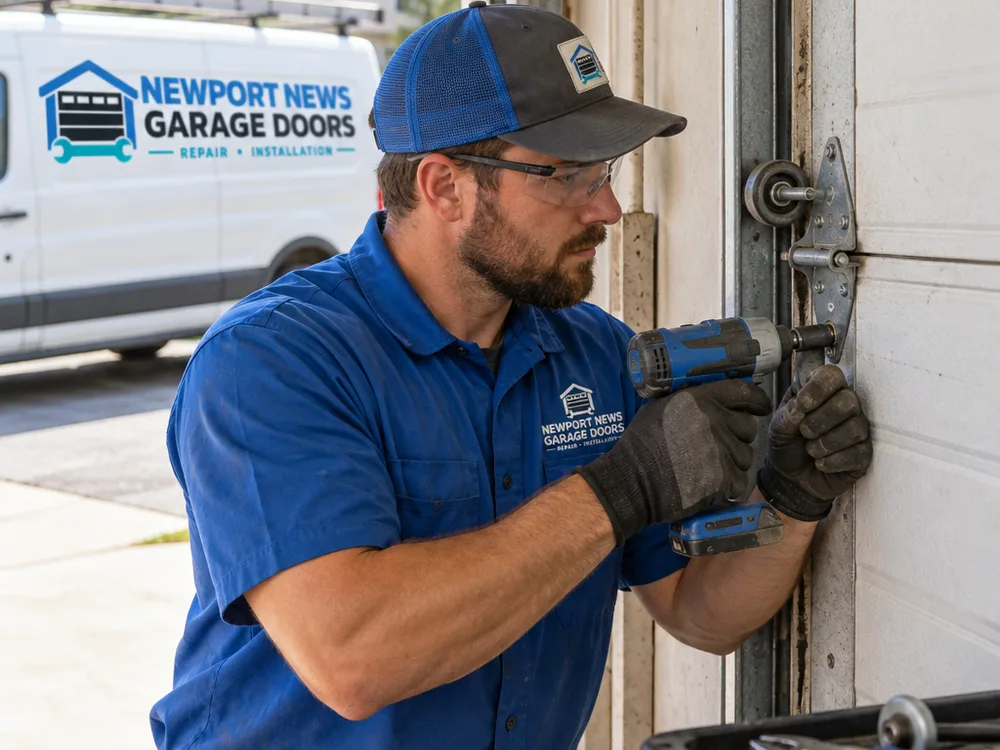Contractor stabilizing a sectional garage door while removing a hinge to replace a roller