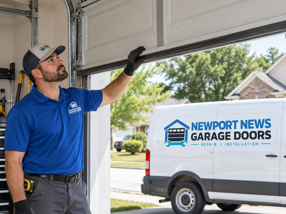 Residential garage door balanced at mid-travel during a smooth manual test with the opener disconnected