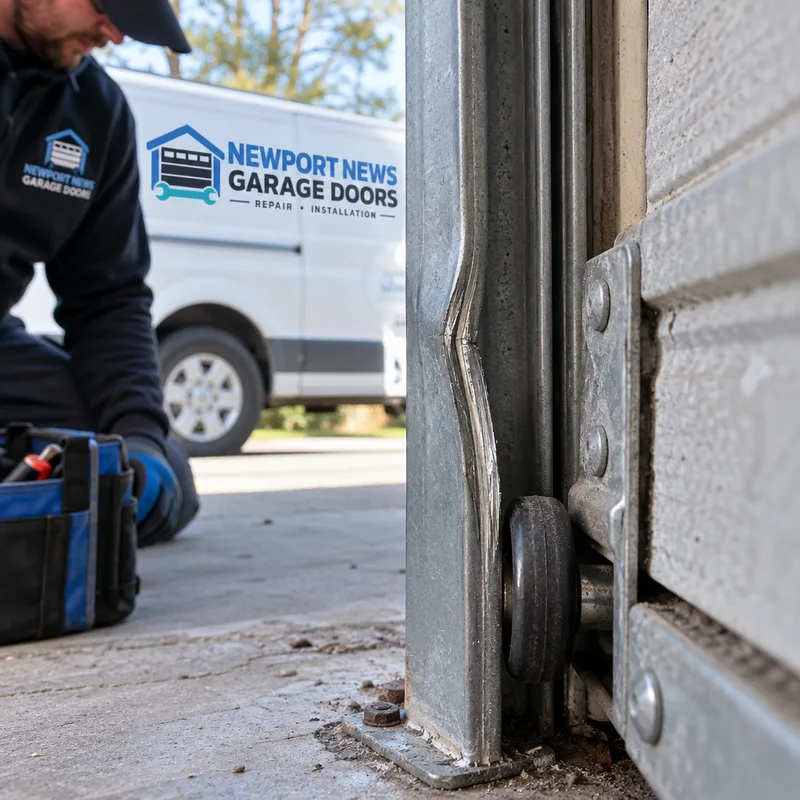 Bent vertical garage door track near the bottom roller with scrape marks along the track edge