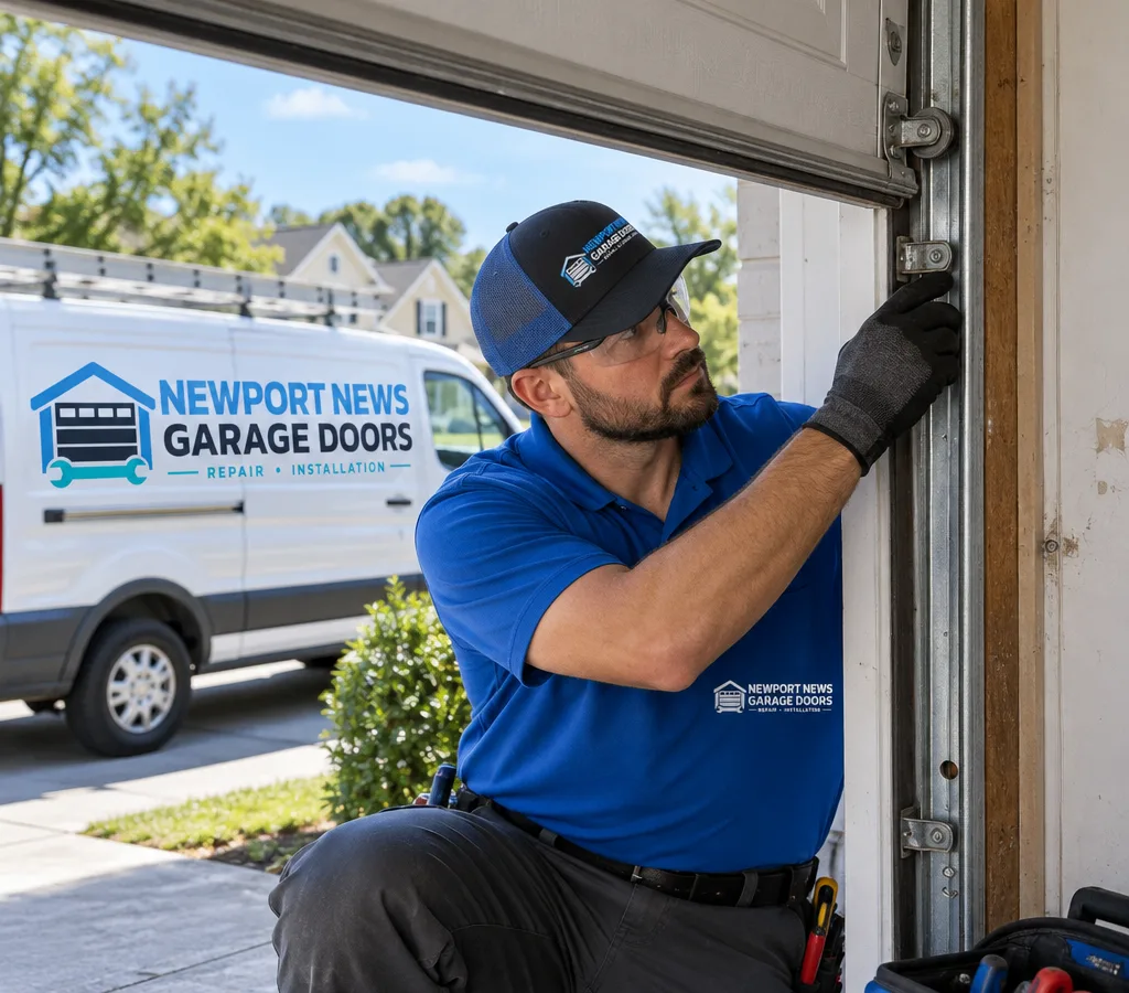 Residential garage door partially open while a contractor inspects the visible vertical track and rollers