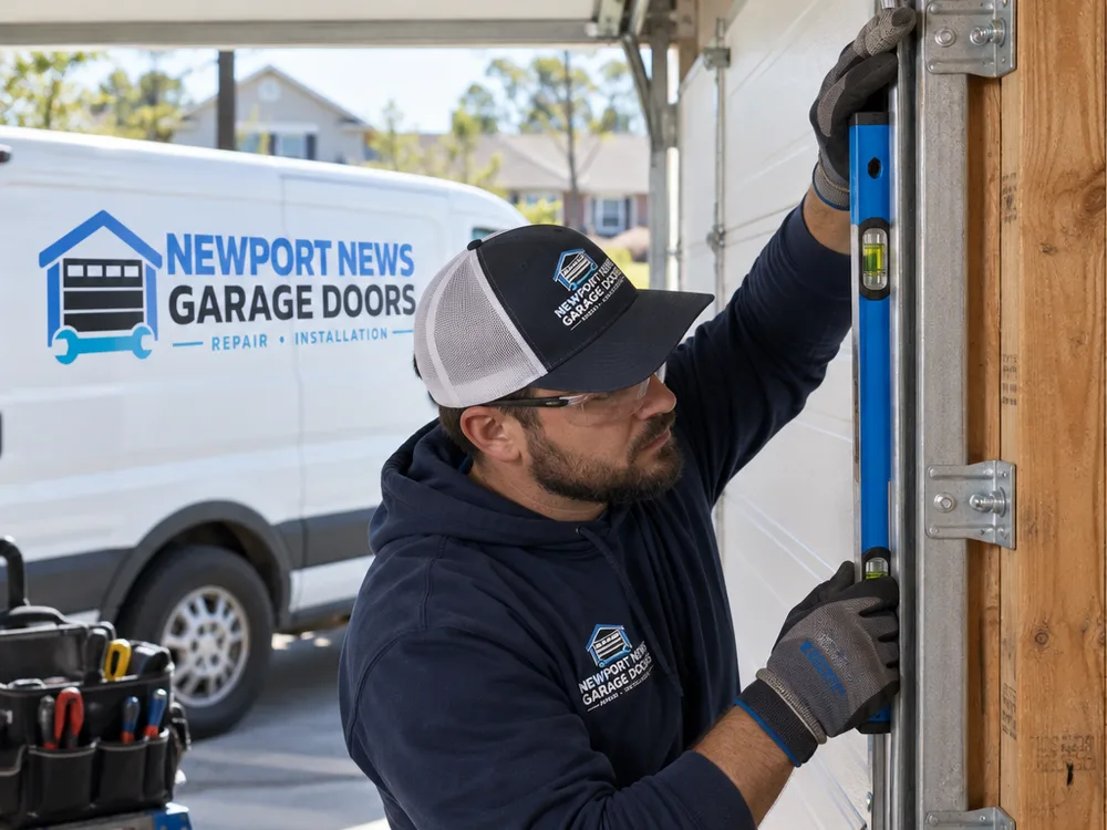 Contractor using a level to check garage door track plumb, spacing, brackets and framing fasteners