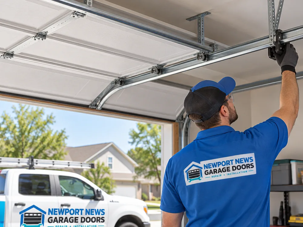 Aligned horizontal garage door tracks with proper ceiling hanger support and even spacing