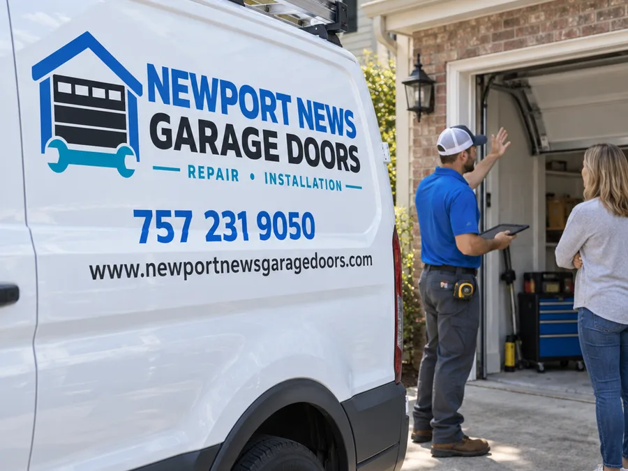 Contractor speaking with a homeowner while looking at a residential garage door opening